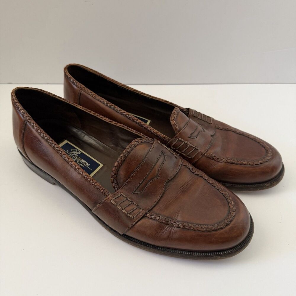 Bragano by Cole Haan Mens 11 M Brown Leather Penny Loafers Italy Braided